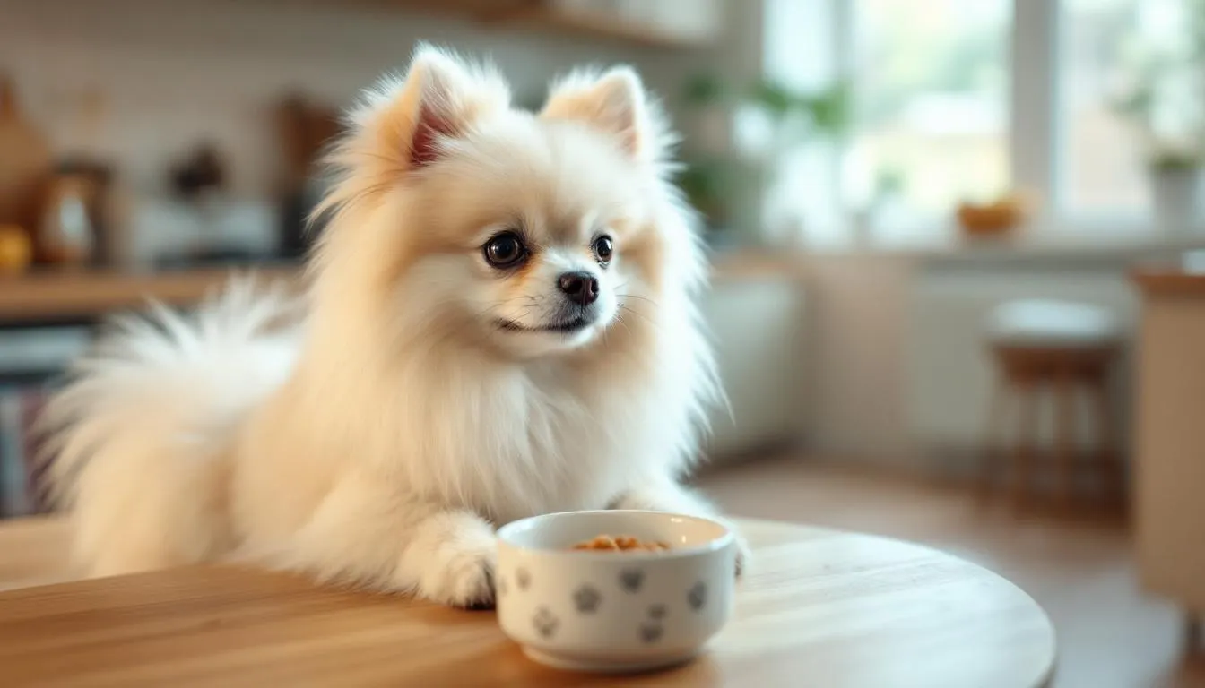 A healthy senior small breed dog is happily enjoying a meal from a bowl that is appropriately sized for small dogs, showcasing the importance of balanced nutrition in their diet. This scene emphasizes the need for complete and balanced food tailored to the nutritional needs of small breed adult dogs.