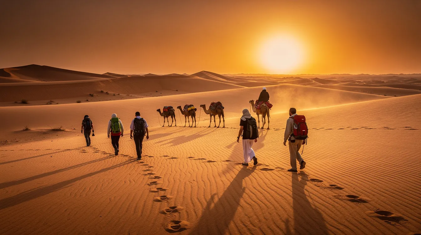 A group of travelers walks through the golden sand dunes of the Sahara Desert, accompanied by a camel caravan as the sun sets in the background, casting a warm glow over the dramatic scenery. This picturesque scene captures the essence of a trip to Morocco, highlighting the country's rich history and stunning landscapes.