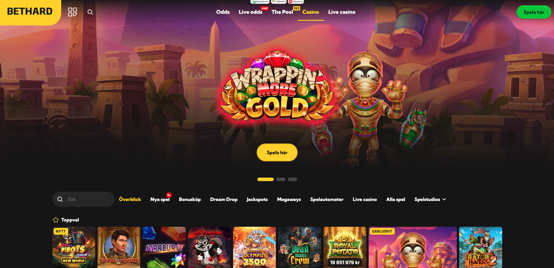 Startsidan hos Bethard, ett casino online med spelautomater och live casino för spelare som vill sätta in pengar och spela med Revolut via kortbetalning.