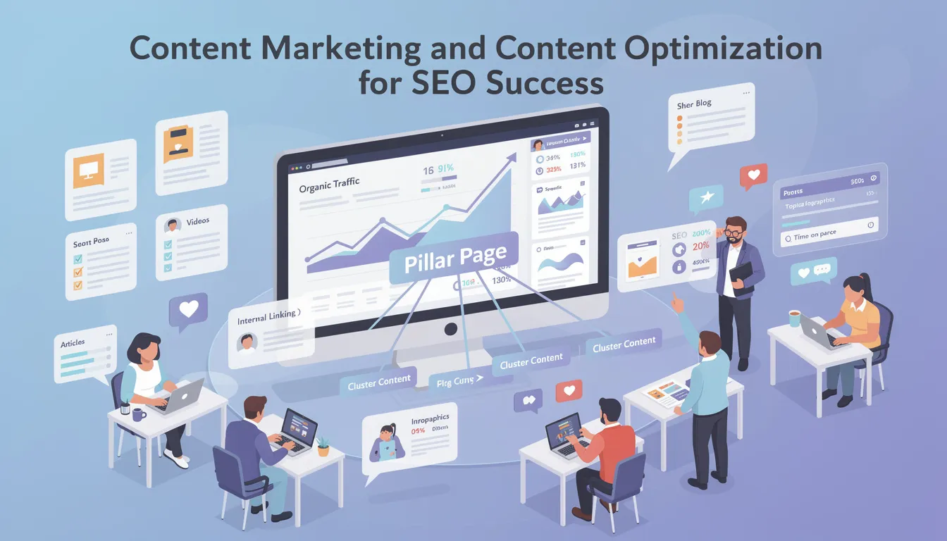 The image illustrates the concept of content marketing and optimization for SEO success, featuring various digital elements like blog posts, infographics, and video thumbnails. It highlights the importance of high-quality content in attracting organic search traffic and improving search engine rankings through effective keyword research and user intent alignment.
