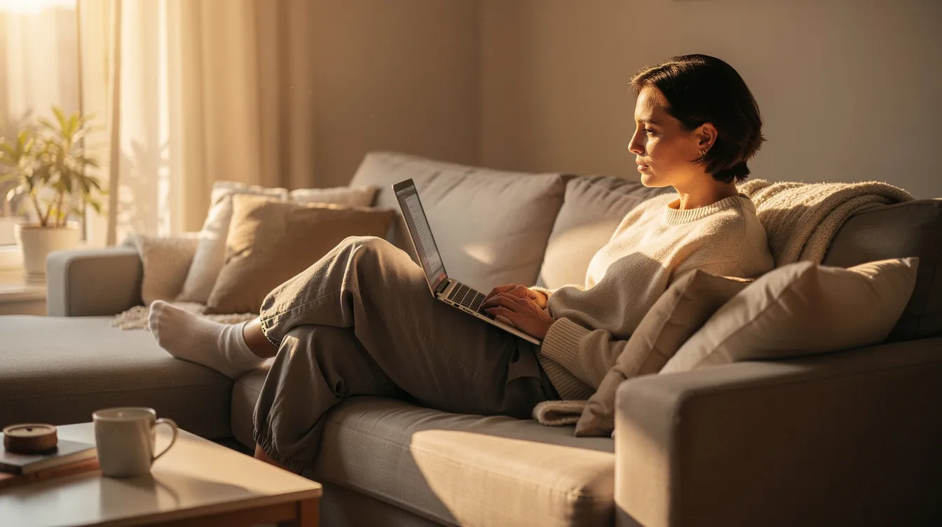 A person is seated on a cozy sofa, working on a laptop in a home setting, with warm natural light streaming through a nearby window. This scene evokes a sense of comfort and well-being, highlighting the importance of accessible mental health support and resources for managing stress and anxiety.