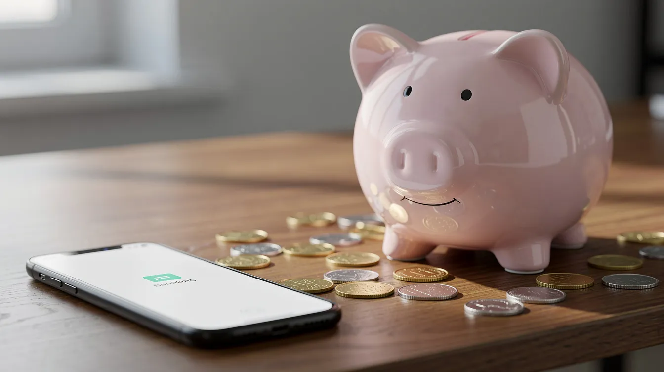 A piggy bank sits next to a smartphone on a wooden desk, surrounded by scattered coins, symbolizing the importance of saving money and managing personal finances. This scene reflects the tools and habits necessary for tracking expenses and making informed financial decisions.