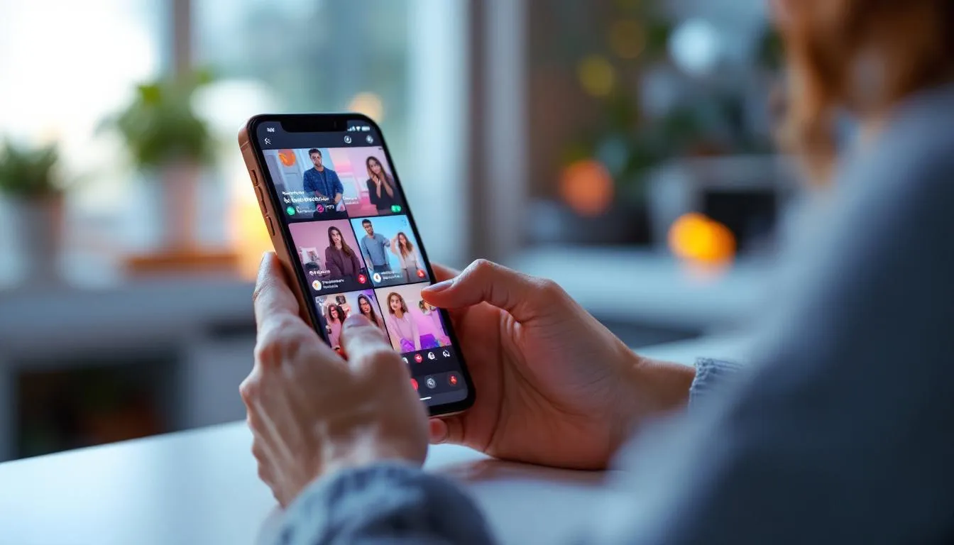 Une personne utilisant TikTok sur un iPhone pour créer des vidéos virales, avec un contenu social media iphone en arrière-plan.