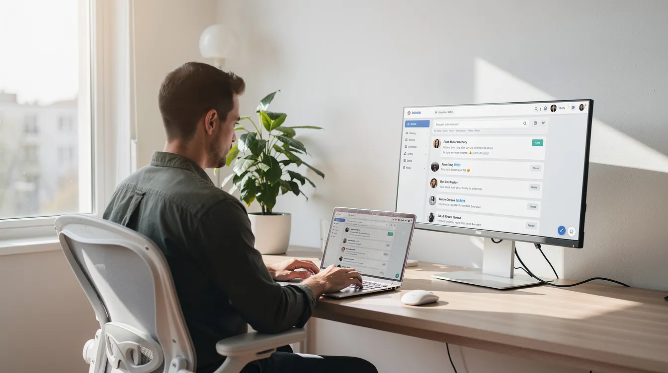 A person is working remotely in a bright home office, seated at a desk with a second monitor displaying an email dashboard, which is essential for managing digital marketing campaigns. The environment reflects a modern workspace, ideal for email marketing specialists and digital marketing professionals focusing on performance reporting and campaign management.