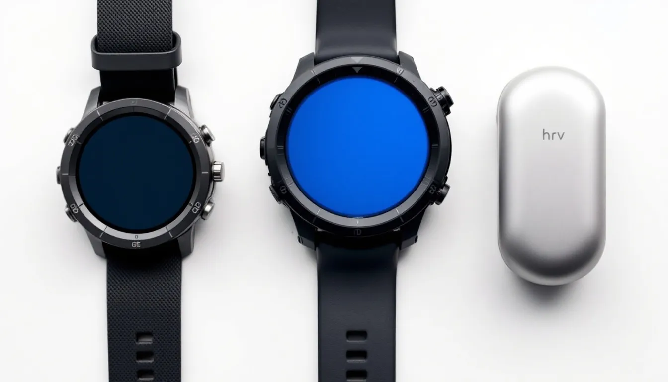 The image features a Garmin Fenix watch, an Oura ring, and an HRV tracker displayed side by side, showcasing their sleek designs and various functionalities aimed at improving health and recovery. These devices are essential for monitoring sleep, exercise, and breathing patterns, helping users optimize their performance and overall well-being.