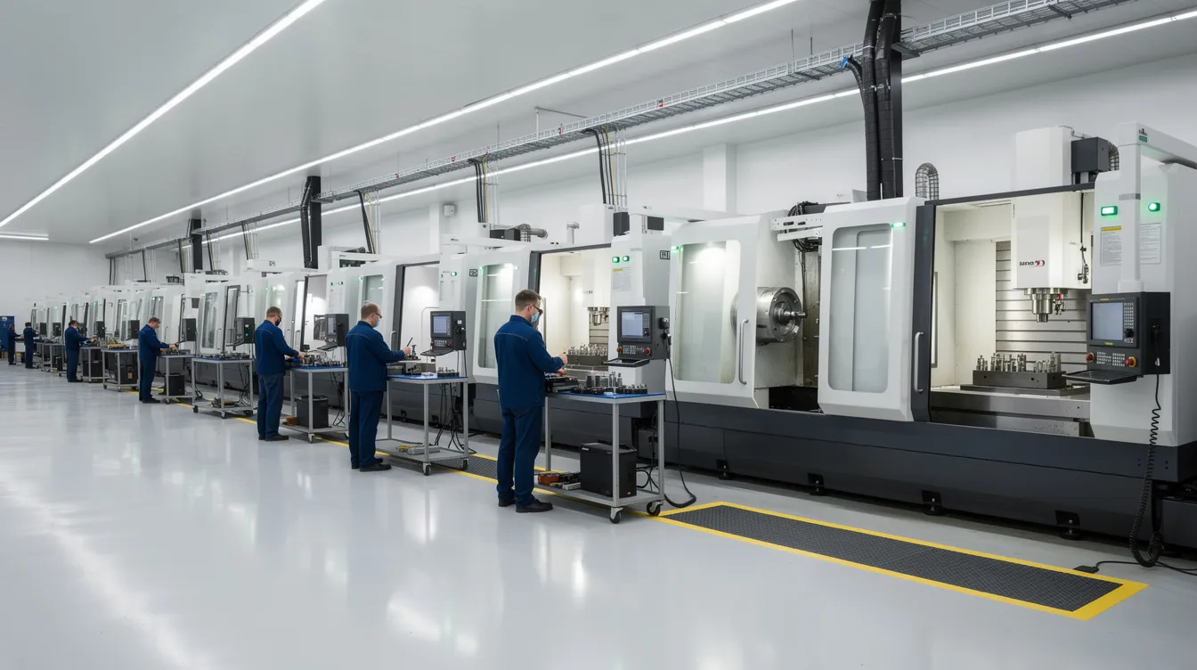 The image depicts a clean factory floor filled with rows of CNC milling and turning machines, showcasing a high-precision manufacturing environment. This setup reflects a commitment to quality management systems and ISO certification, emphasizing the importance of precision machining in producing custom CNC machined parts.