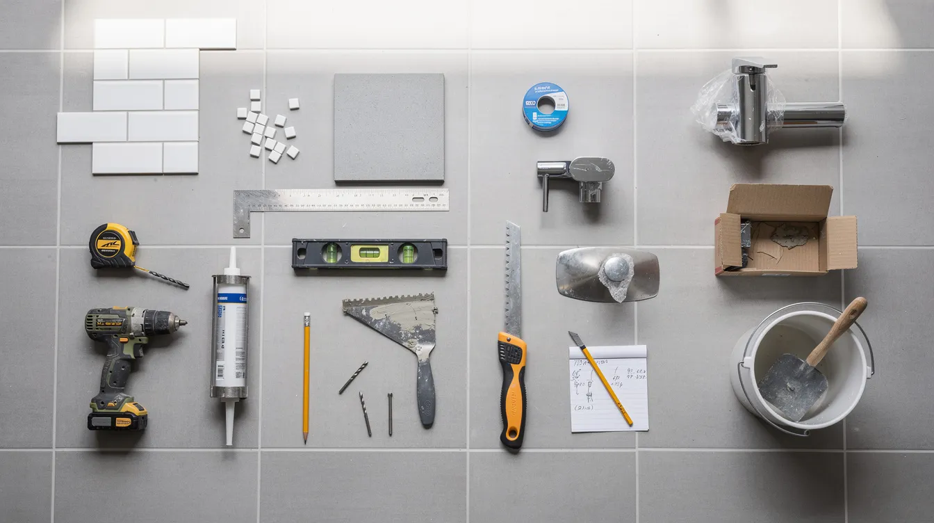 The image shows a variety of bathroom renovation supplies and tools neatly arranged on a tiled floor, including items for bathtub refinishing, such as caulking and sanding tools, which are essential for restoring the tub's surface. This setup suggests preparation for a project that may involve reglazing a tub or installing a new bathtub to enhance the entire bathroom's look.