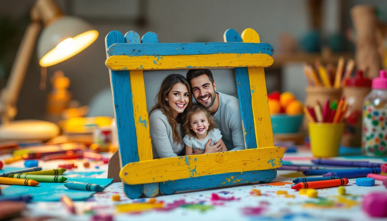 A colorful DIY photo frame made from painted craft sticks surrounds a cherished family photo, resting on a kid's craft table, showcasing a thoughtful homemade gift idea for Father's Day. This unique project highlights the creativity of children and the personal touch they bring to gifts for dad.