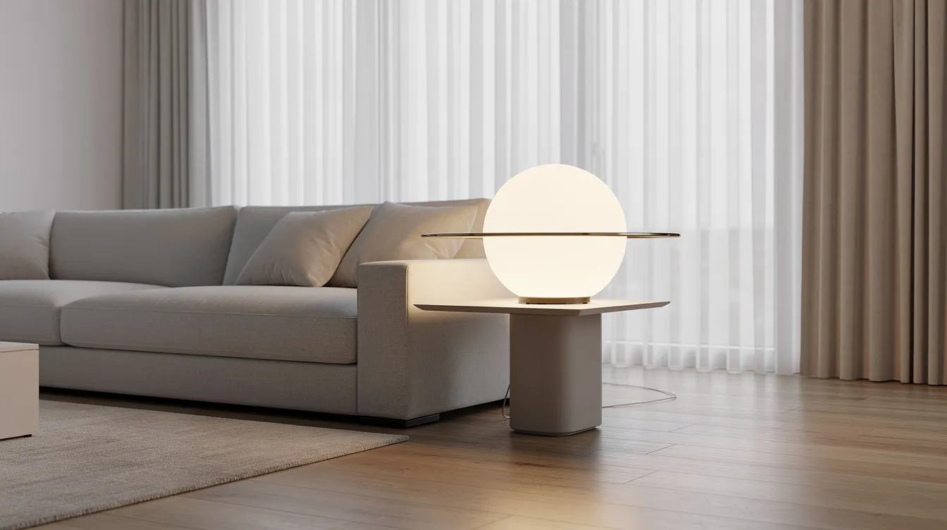En glödande sfärisk saturnus lampa hänger i taket i ett modernt vardagsrum med minimalistisk inredning, där den ger ett varmt ljus och skapar en inbjudande atmosfär. Lampan har en elegant ring och är tillverkad av högkvalitativa material, vilket bidrar till rummets stiliga utseende.