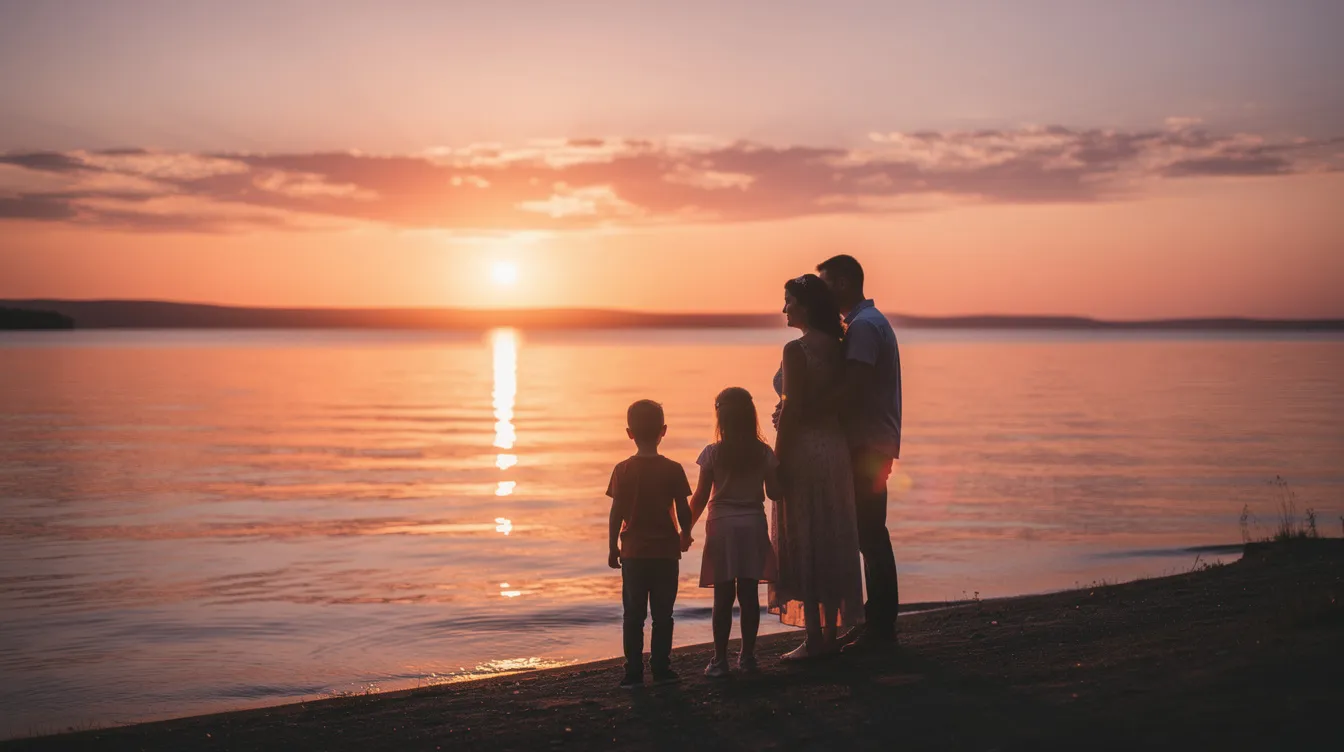 A family stands together, gazing at a beautiful sunset over calm waters, reflecting on the peaceful moment. This serene scene captures the essence of connection and tranquility, reminiscent of times spent by the water, perhaps even considering the importance of safety in navigation to avoid accidents de barco.