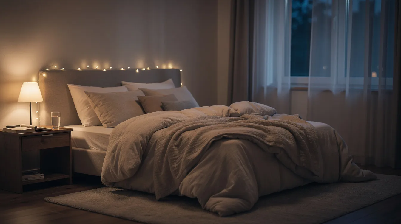 The image depicts a tranquil bedroom bathed in soft ambient lighting, featuring cozy bedding that invites relaxation. This serene environment is ideal for promoting good sleep quality, which is essential for preventing sleep disorders such as sleep paralysis.