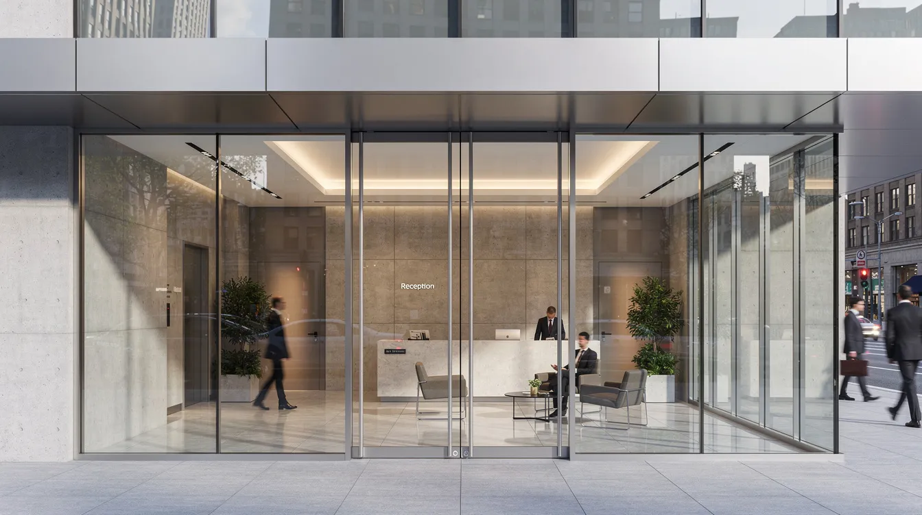 The image depicts the entrance of a modern office building featuring sleek glass doors that lead into a professional lobby area, where visitors can access various services including money transfer and currency exchange. The contemporary design reflects a secure and efficient environment for conducting business operations in London.