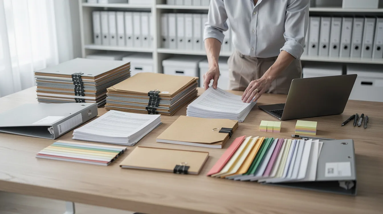 The image depicts a person methodically organizing various documents and files on a table, creating a neat workspace that may include bank statements and business plans related to financial assistance for small businesses. This setup could be beneficial for managing loans under the Mudra scheme, aimed at supporting micro enterprises and income-generating activities.