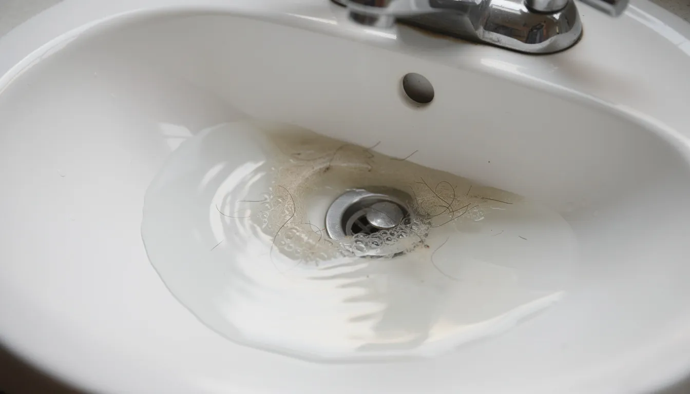 The image depicts water backing up into a bathroom sink drain, indicating a potential clog. Signs of stubborn buildup and trapped debris suggest the need for professional drain cleaning services to restore proper flow in the plumbing system.