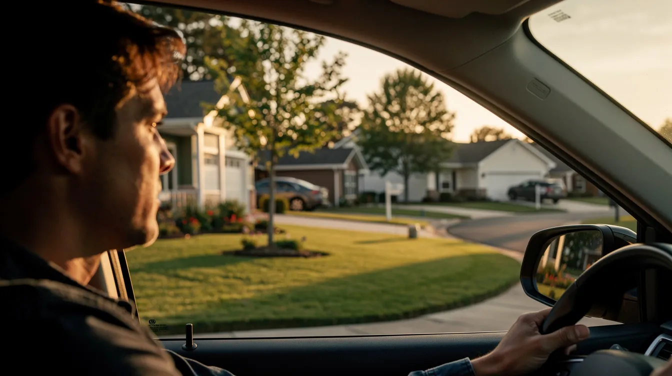 A person is driving slowly through a suburban neighborhood, looking out their car window at various houses, which may include potential undervalued properties and off-market opportunities for real estate investors. The scene captures the essence of identifying undervalued real estate deals amidst neighborhood trends and market properties.