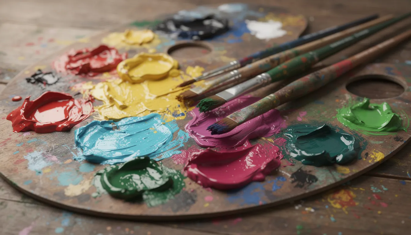 En färgglad konstnärspalett med penslar och sprutande färger i livliga nyanser, som påminner om Van Goghs kreativa uttryck. Denna bild fångar essensen av konst och kreativitet, perfekt för att inspirera spelare i Stockholm som söker nya upplevelser inom gaming och online casinon.