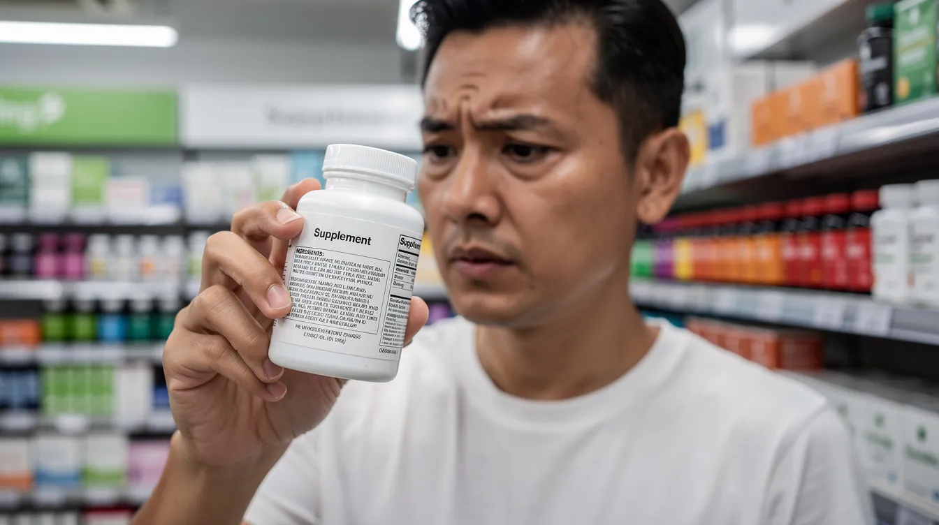 The image depicts a person intently reading a supplement label in a pharmacy, focusing on details related to energy production and cellular health. The individual appears to be assessing the ingredients for their potential benefits, such as supporting healthy aging and mitochondrial function, while ensuring the absence of unnecessary additives.