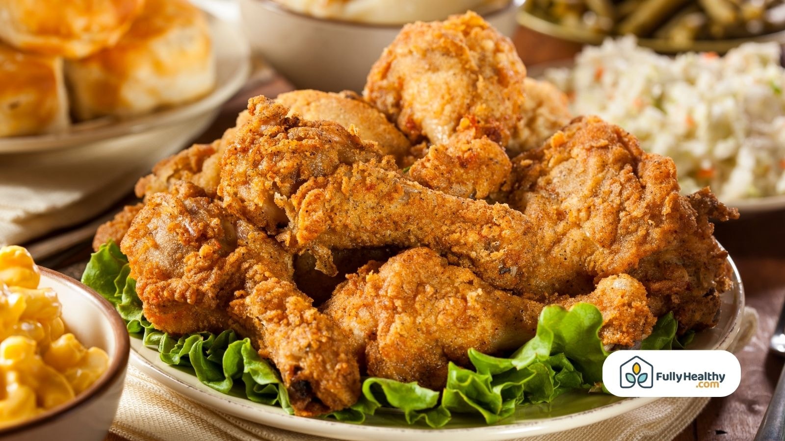 Southern-style fried chicken served on lettuce with comfort food sides