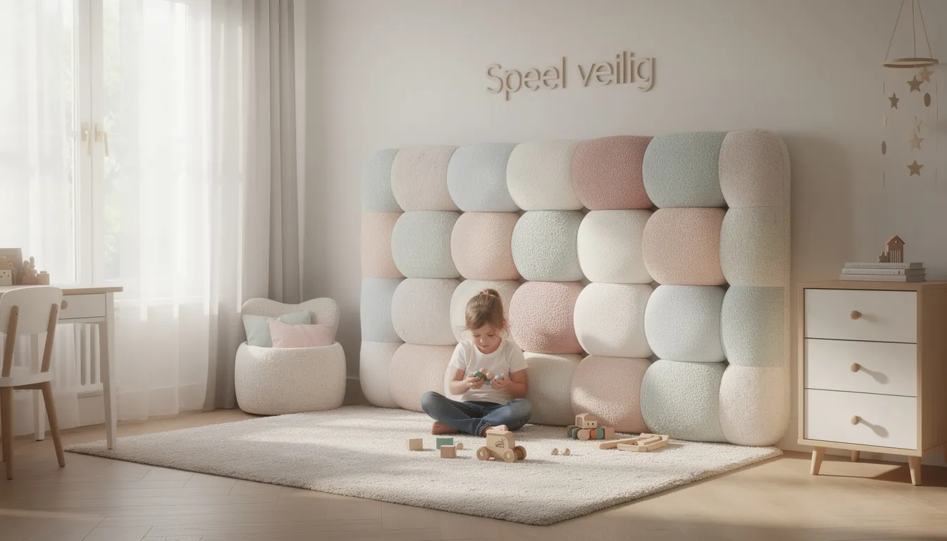 Een kind speelt veilig naast een zacht gestoffeerd wandpaneel in een sfeervolle kinderslaapkamer, waar de akoestische wandpanelen zorgen voor een rustige omgeving en een goede akoestiek. De warme kleuren en natuurlijke uitstraling van de wandbekleding creëren een uitnodigende plek om te spelen en te ontspannen.