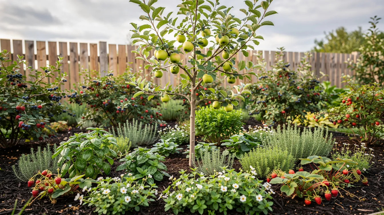 The image depicts a vibrant backyard food forest featuring a young apple tree surrounded by lush berry bushes, aromatic herbs, and strawberry groundcover, illustrating a sustainable way to grow food at home. This diverse garden setup not only contributes to food security but also promotes fresh produce for a healthy diet throughout the year.