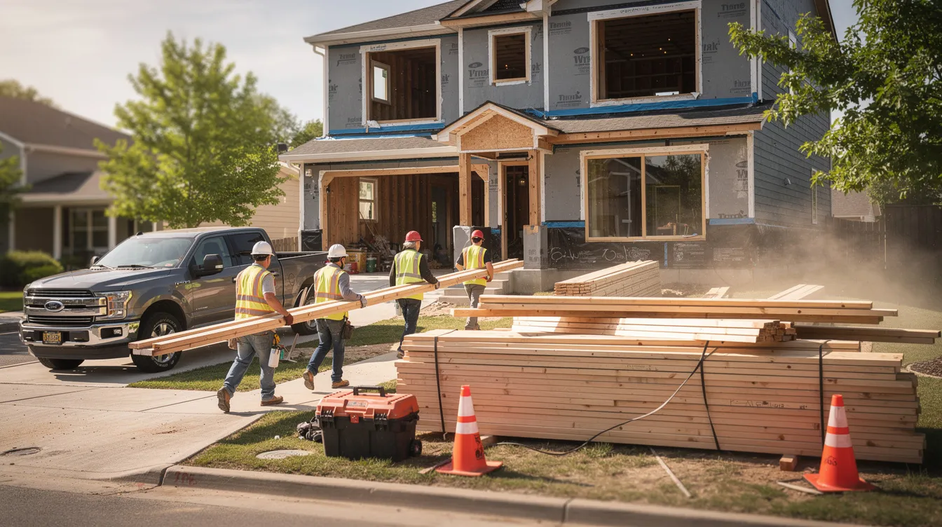 A group of construction workers is seen carrying lumber into a residential property that is undergoing renovation, showcasing the essential steps of house flipping. This image highlights the teamwork involved in successful house flipping projects, where real estate investors aim to increase property values through necessary renovations.