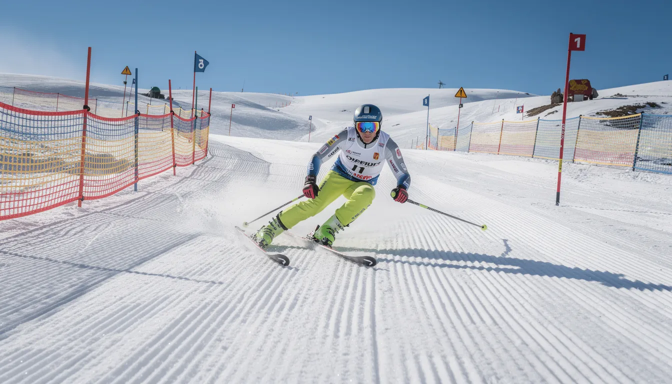 Na obrazie widoczny jest narciarz w kasku, zjeżdżający po równomiernie przygotowanej trasie narciarskiej, która posiada widoczne zabezpieczenia. W tle można dostrzec górski krajobraz, co podkreśla atmosferę ośrodka narciarskiego.