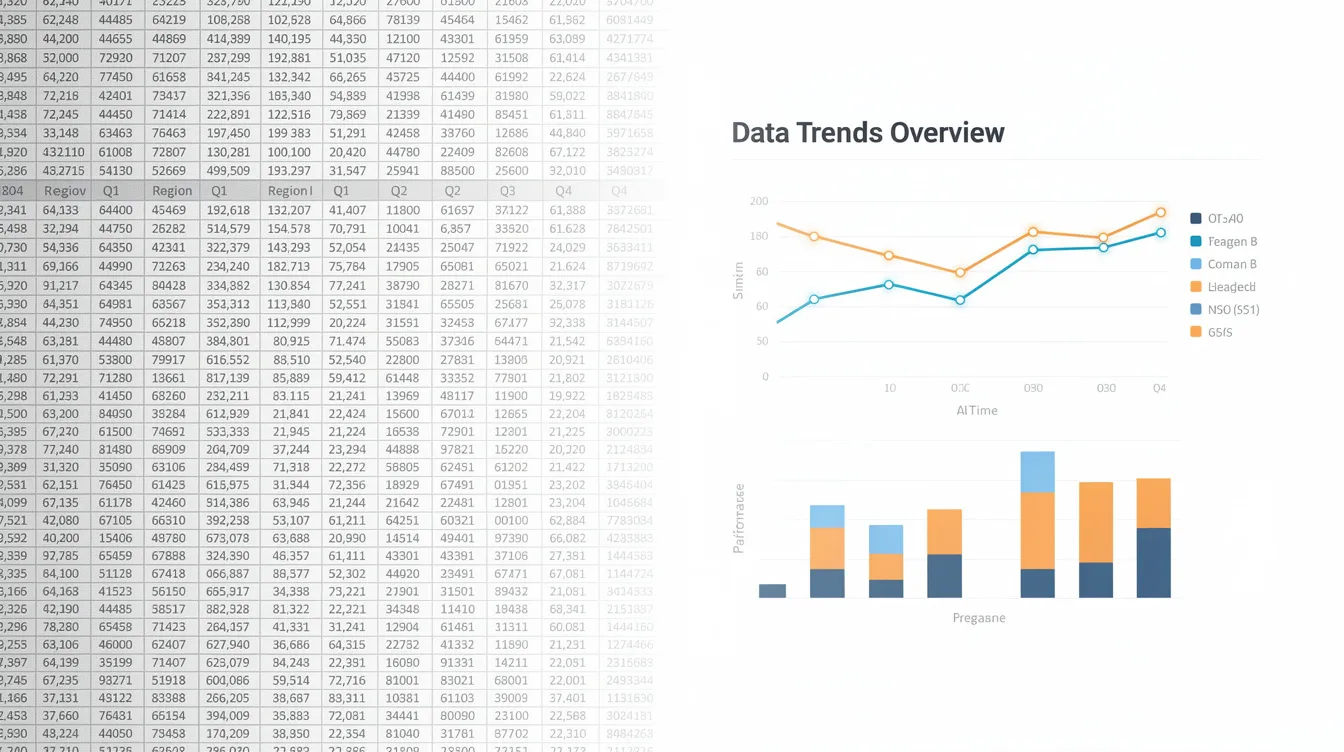 The image features a side-by-side comparison of a dense spreadsheet filled with complex data and a clean summary chart that effectively visualizes trends, highlighting key insights for easier understanding. This juxtaposition illustrates the importance of data visualization in presenting critical data points and reducing cognitive load for viewers.