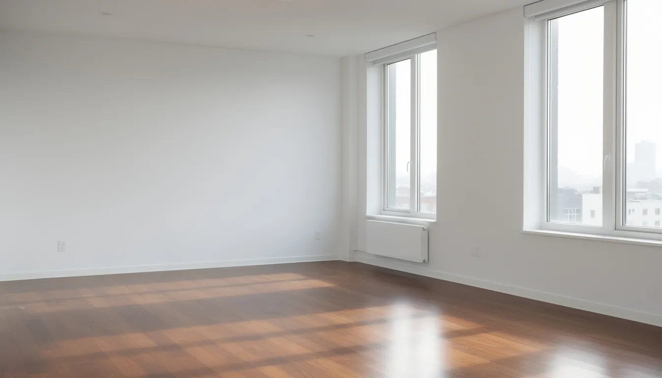The image depicts a clean, empty apartment featuring polished hardwood floors and bright natural light streaming through large windows, creating an inviting atmosphere for new tenants. This space is ready for a smooth transition, reflecting the importance of efficient property cleanout services for landlords and property managers in Connecticut.