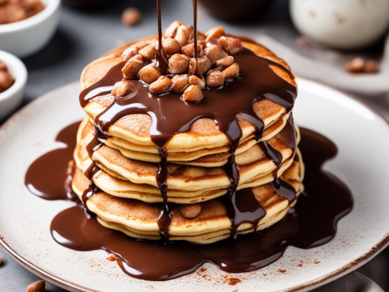 Image showcasing pancakes topped with hazelnut syrup.