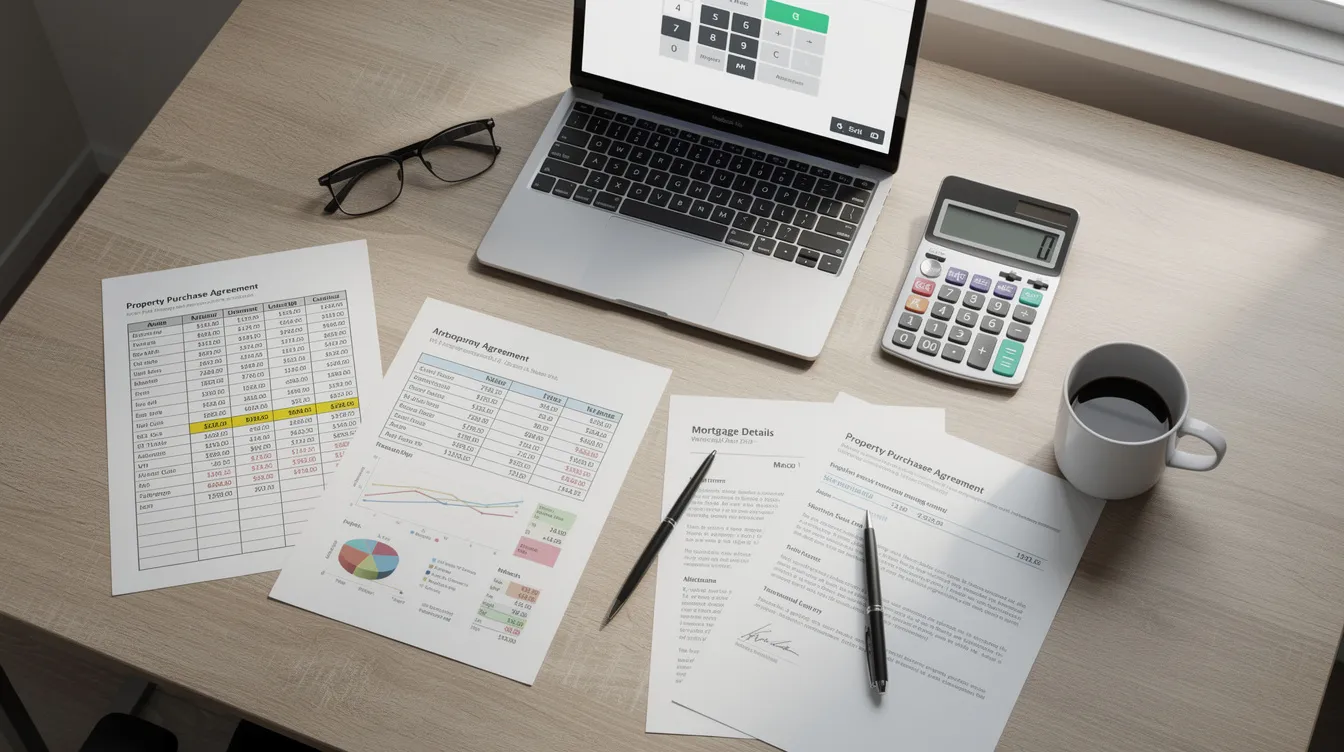 The image shows a calculator and financial spreadsheets spread out on a desk alongside various property documents, highlighting the tools used by real estate investors to manage rental property finances. This setup suggests a focus on tax strategies, such as accelerated depreciation and cost segregation studies, to maximize tax savings and enhance cash flow from real estate investments.