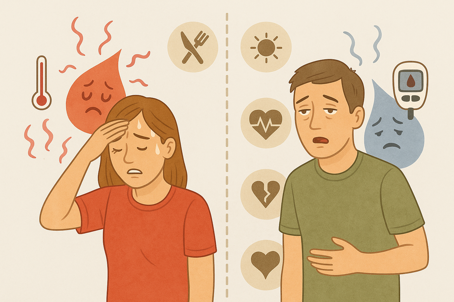 Illustrasjon som viser symptomer på høyt og lavt blodsukker hos to personer, med fargekoder og tilhørende ikoner for hver tilstand.