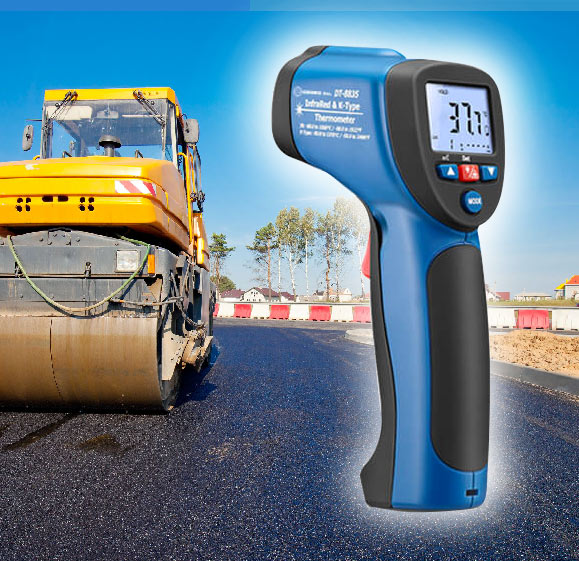 A digital infrared thermometer designed specifically for measuring temperatures of asphalt, also known as asphalt thermometers.