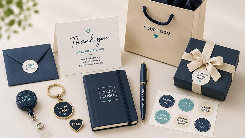 Small appreciation gifts for employees, including thank-you card, notebook, pen, keychain, badge reel and stickers