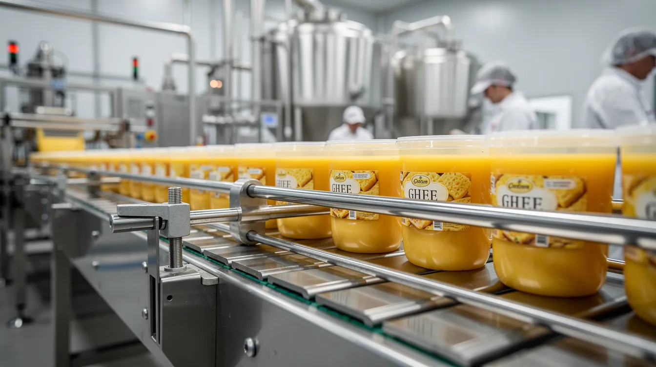 776800f4 40ed 4547 8823 bdca1dbc226c The image depicts an industrial packaging line where filled ghee containers are moving along a stainless steel conveyor belt, showcasing the ghee manufacturing process in a modern ghee processing plant. This setup highlights the efficiency and automation involved in the ghee manufacturing industry, essential for meeting the growing demand in both domestic and international markets.