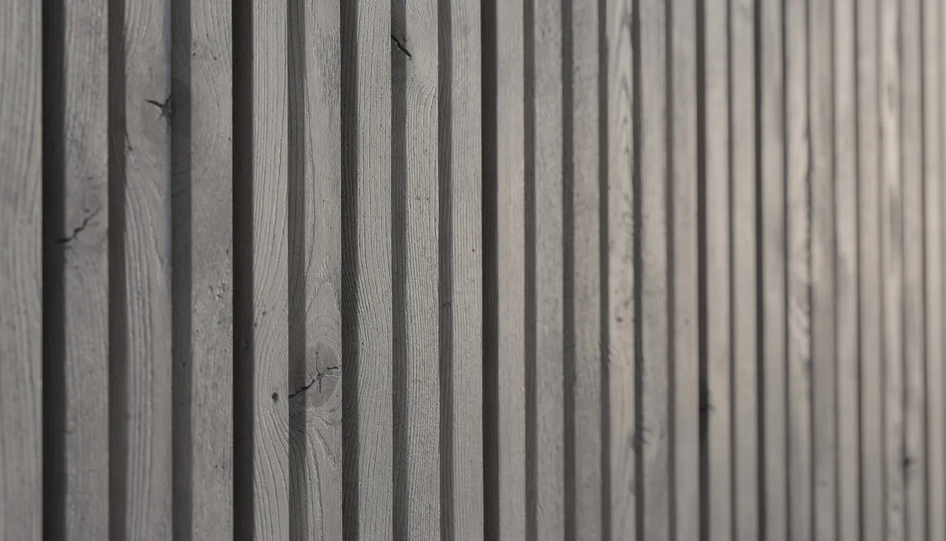 Close-up van een grijze eiken lattenwand met een duidelijke houtnerf, die een stijlvolle uitstraling en een unieke look biedt. Deze wandbekleding is geschikt voor vochtige ruimtes en kan eenvoudig worden onderhouden met een vochtige doek.