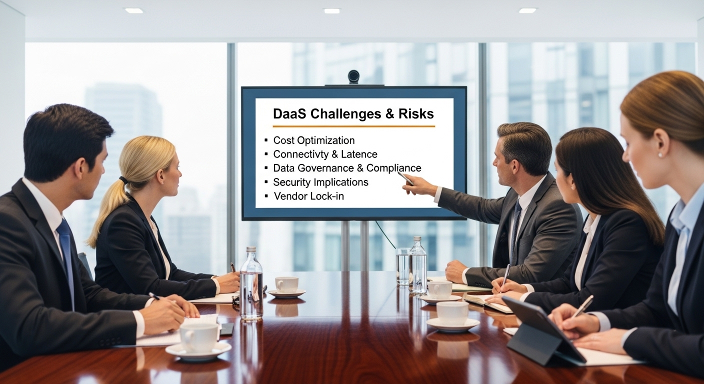 Enterprise risk assessment board evaluating DaaS challenges including cost, connectivity, and governance.