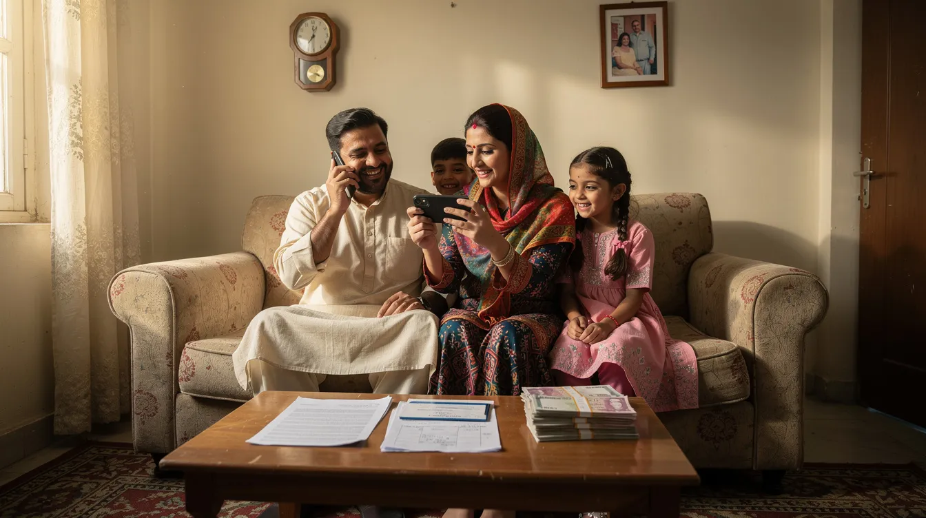A joyful family in Pakistan is gathered together, celebrating as one member receives good news over a phone call, symbolizing the successful receipt of international money transfers. The image captures the essence of financial connectivity, highlighting the importance of services like Sindh Bank for secure and efficient international payments.