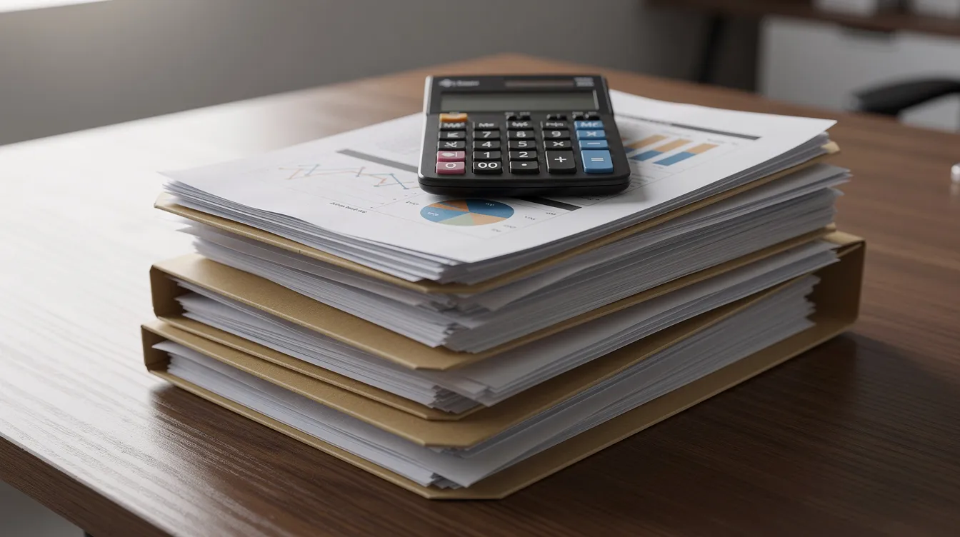 The image depicts a cluttered wooden desk featuring stacked business files and folders alongside a calculator, suggesting a focus on financial management and tax compliance. This setup may relate to tasks such as preparing tax returns, reviewing bank statements, or assessing cash flow for loan applications.