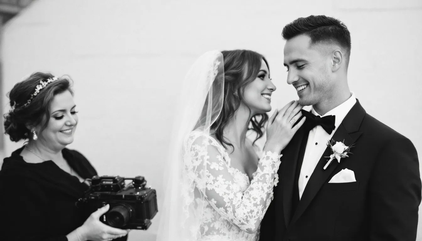 A wedding couple interacting with their photographer, showcasing a candid moment.