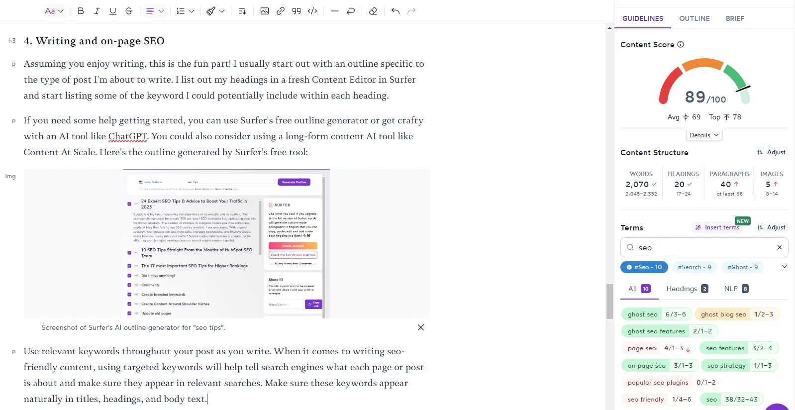 Screenshot of Content Editor in Surfer for this post about Ghost SEO.