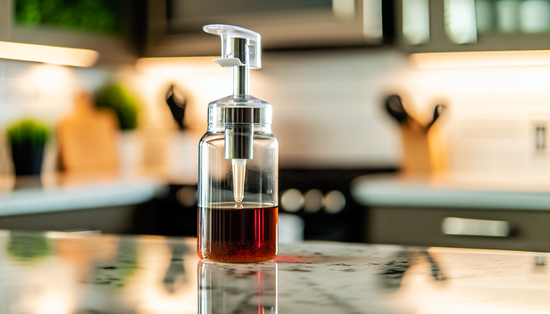 A glass vinegar dispenser with a drip-free spout on a kitchen counter