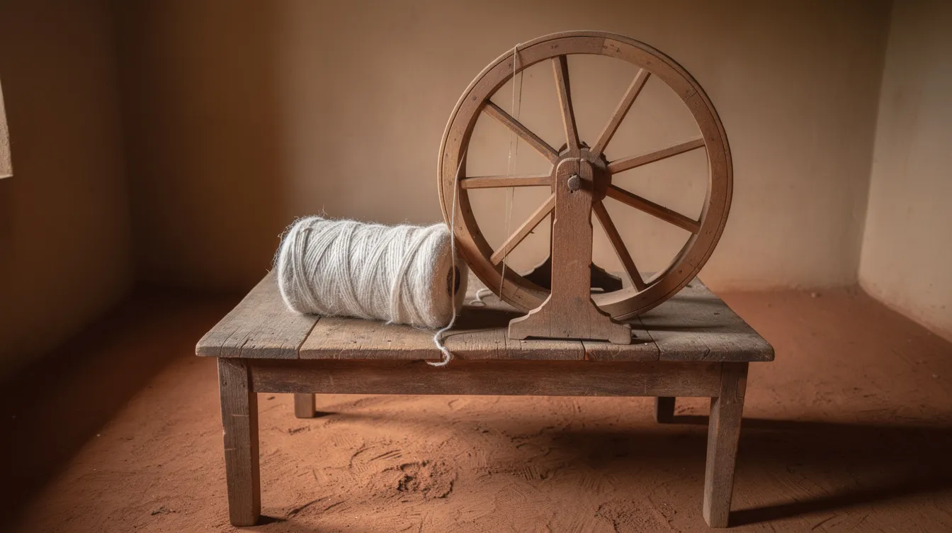 Ein traditionelles hölzernes Spinnrad, auch Charkha genannt, steht auf einem einfachen Holztisch in einem schlichten Raum mit Lehmboden. Daneben liegt ein Ballen handgesponnener Baumwolle, der an die historischen Wurzeln der Unabhängigkeitsbewegung Indiens erinnert, die von Persönlichkeiten wie Mahatma Gandhi geprägt wurde.