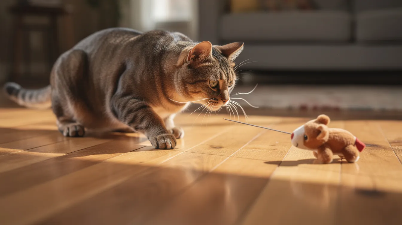 A cat crouches low on a wooden floor, intently stalking a plush toy that is being slowly dragged across the surface, showcasing its predatory behavior. The scene captures the cat's excitement and focus as it prepares to pounce on the enticing object, highlighting the playful interaction typical of adult cats with new toys.