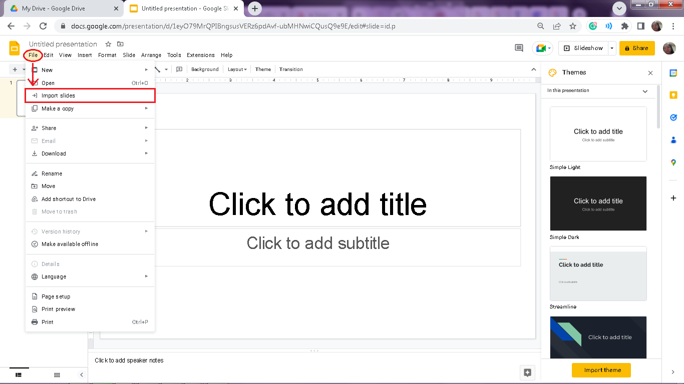Navigate and click the "File" tab, and select "Import Slide,"