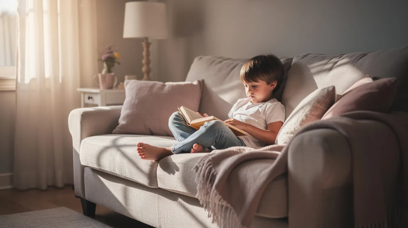 A child is comfortably sitting on a sofa, engrossed in a book while soft natural light filters through a nearby window, creating a serene atmosphere perfect for quiet time and learning. This moment encourages the development of critical thinking skills and a love for reading during the school holidays.