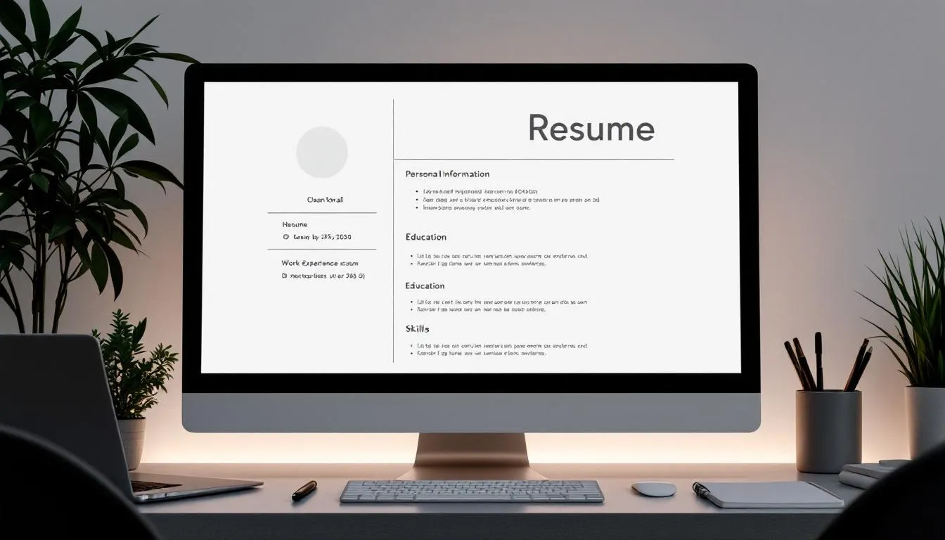 A clean and modern resume template is displayed on a computer screen, showcasing an organized layout designed for job seekers. This resume builder serves as a great tool for managing job applications and tracking positions during the job search process.