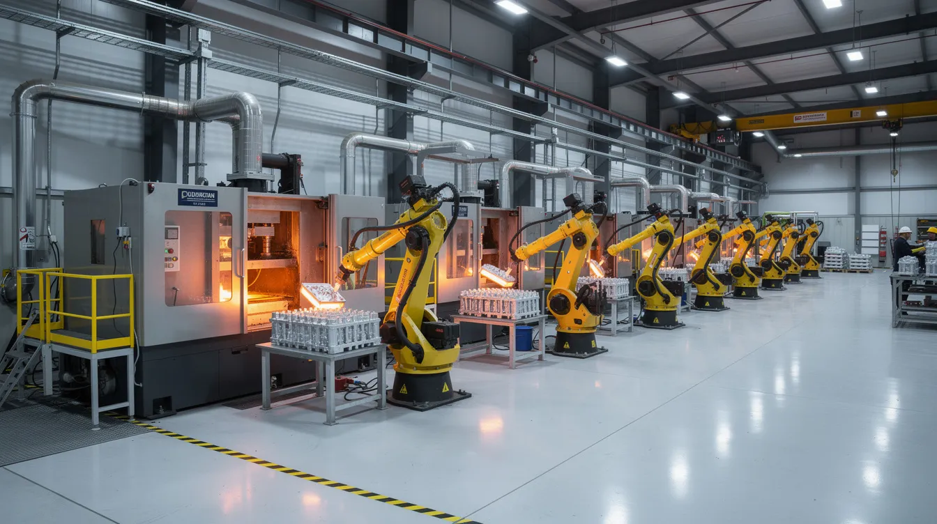 The image shows a spacious aluminum die casting factory floor featuring multiple advanced die casting machines and robotic arms engaged in the die casting process. The modern industrial environment highlights the efficiency and scale of operations typical in the aluminum die casting industry, emphasizing the use of cutting-edge technology and high production capacity.
