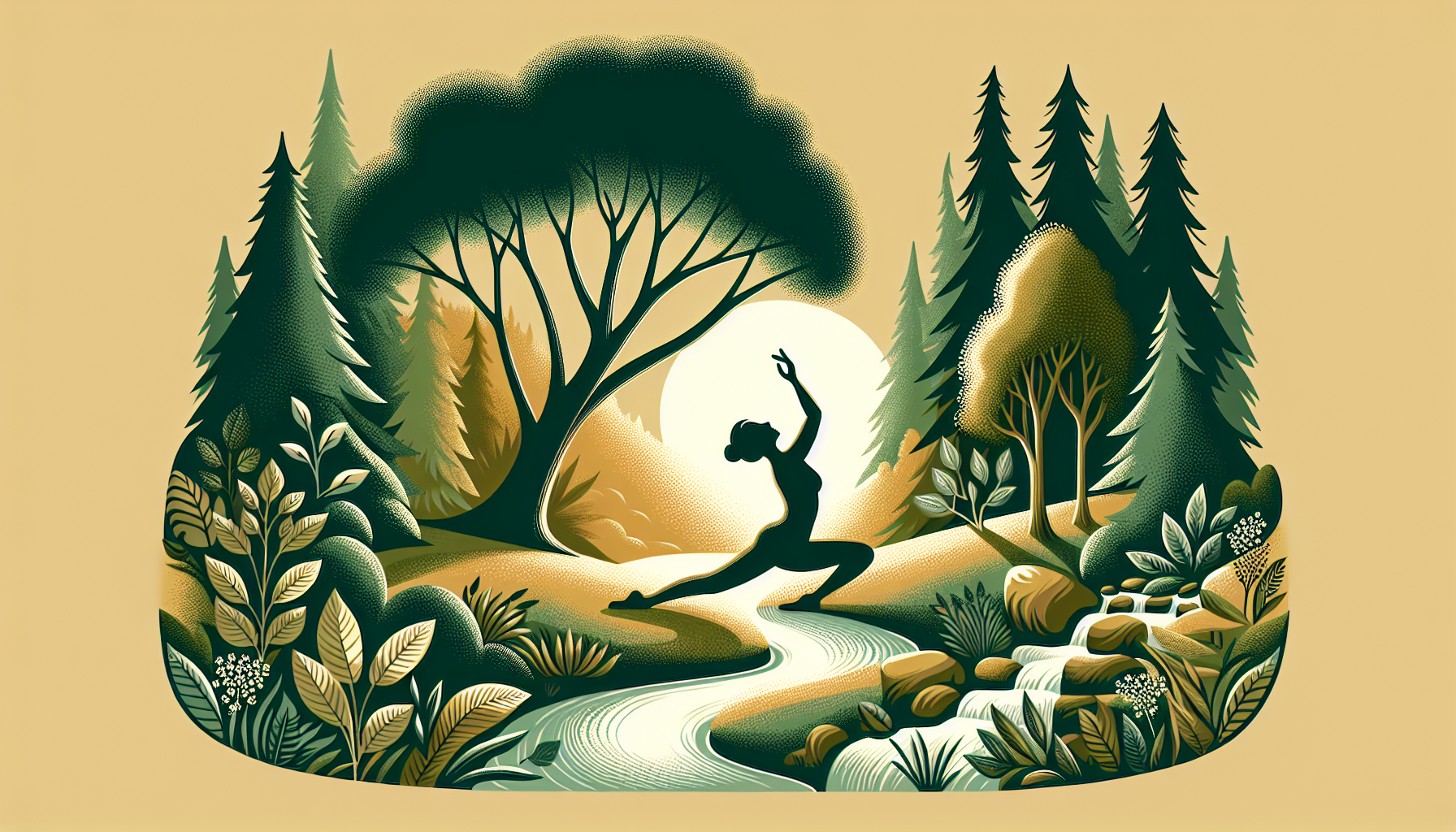 Illustration of a person practicing Yin Yoga in a serene natural setting