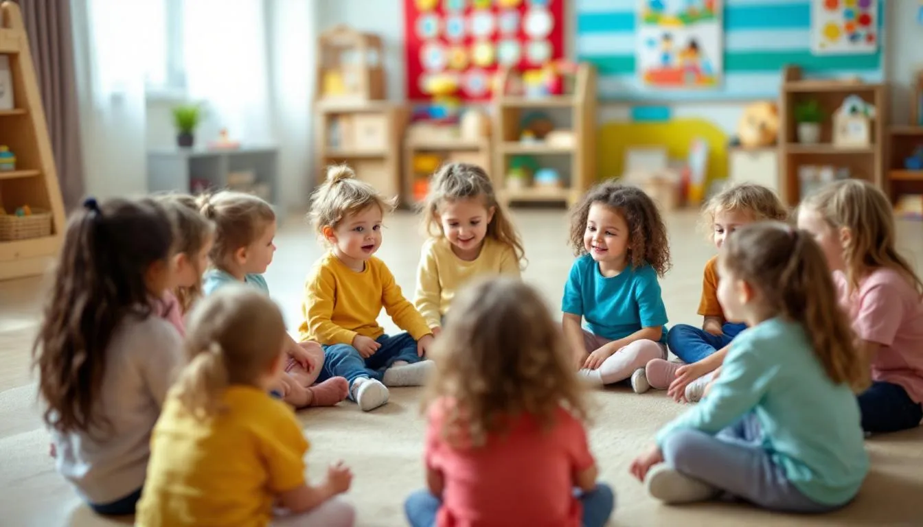 In einem Kindergarten sitzen eine Gruppe von Kindern im Kreis und spielen verschiedene Kreisspiele, während sie lachen und sich austauschen. In der Mitte des Kreises können sie sich kreativ bewegen, singen oder tanzen, was die Freude und Gemeinschaft unter den Spielteilnehmern fördert.
