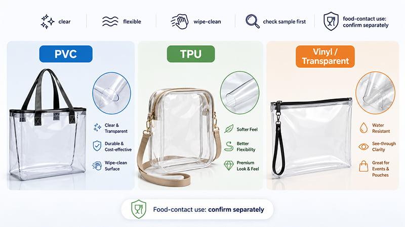Clear bag material comparison showing PVC, TPU, and vinyl options for transparent bags and pouches.